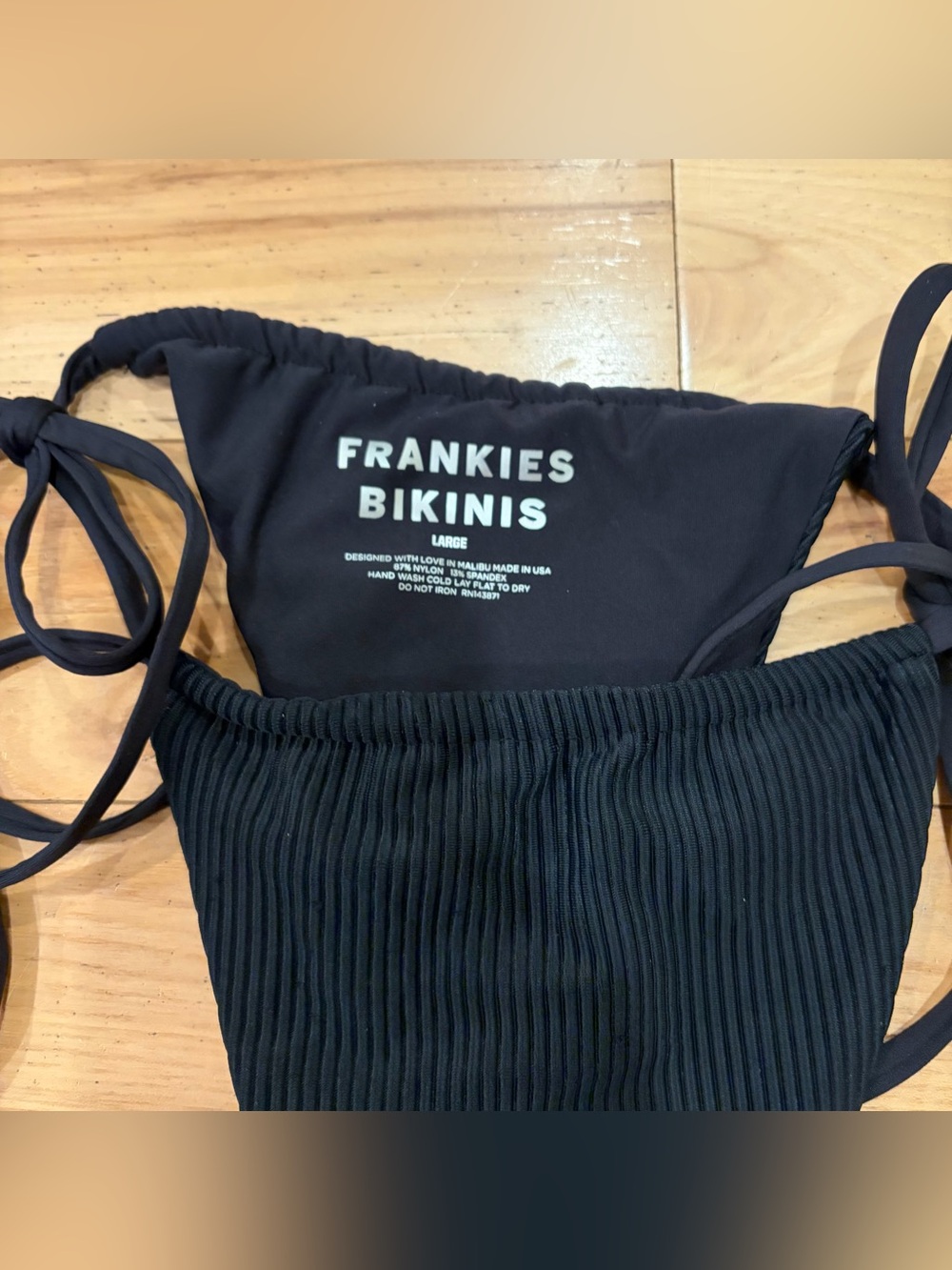 Frankies Bikinis Tia Triangle Skimpy Tie Ribbed String Black Bikini Swimsuit - Picture 4 of 5